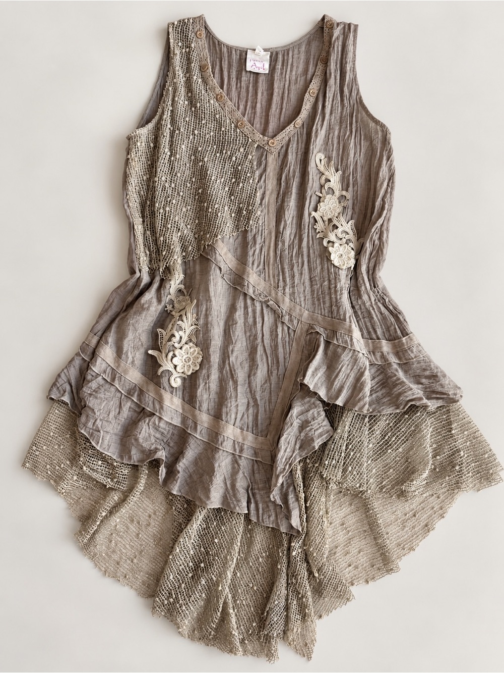 Pretty Angel Linen Blend Lagenlook Tunic Dress Crochet Lace Boho Fairy Whimsey L